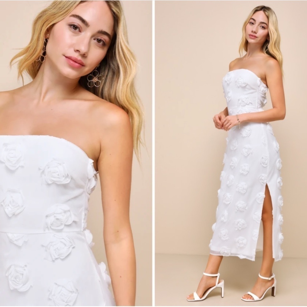 Lulus White Strapless Floral Appliqué Midi Dress
